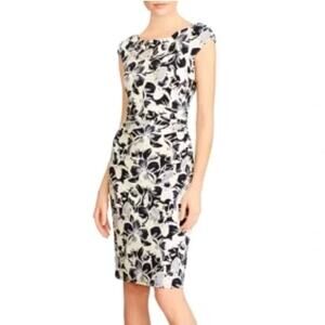 Ralph Lauren Size 2 Floral Cap Sleeve Sheath Dress Black White Gray Stretch